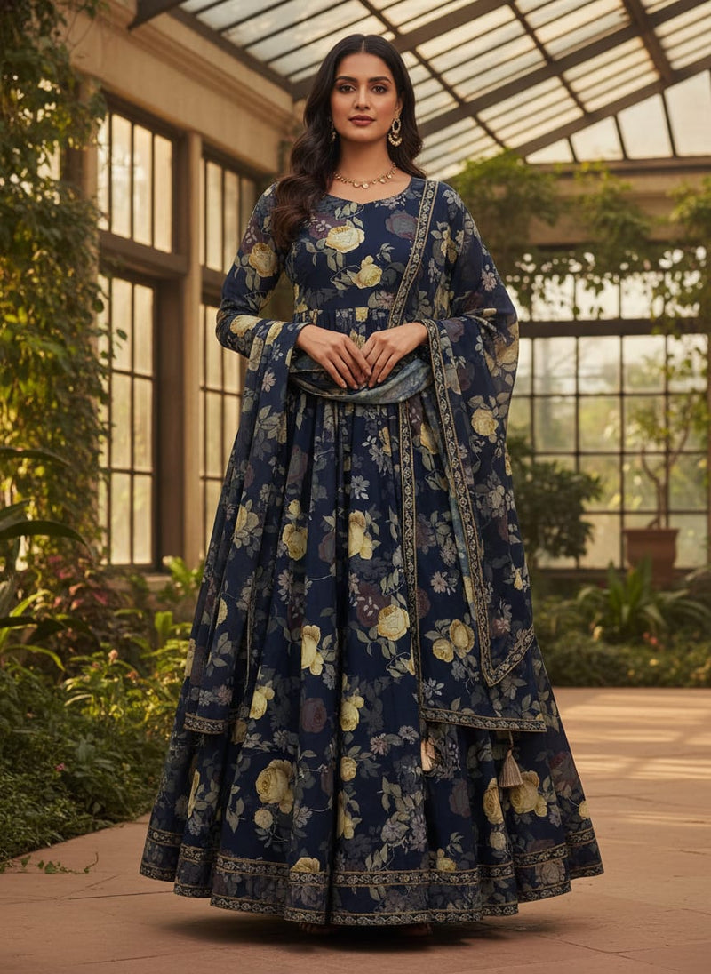 Elegant Floral Over Blue Base Digital Printed Fabric