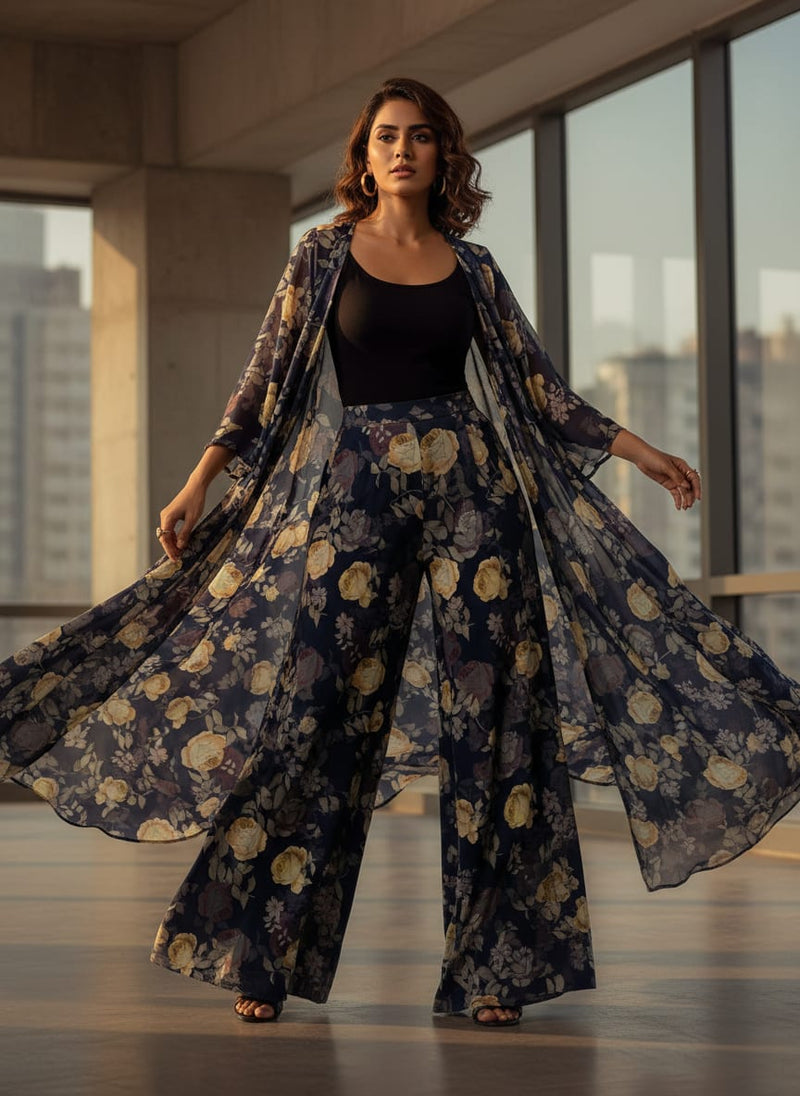 Elegant Floral Over Blue Base Digital Printed Fabric