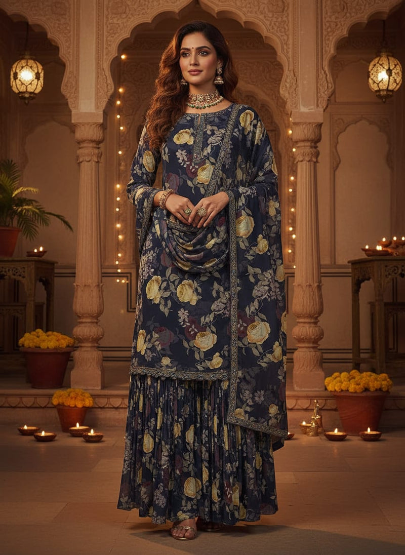 Elegant Floral Over Blue Base Digital Printed Fabric