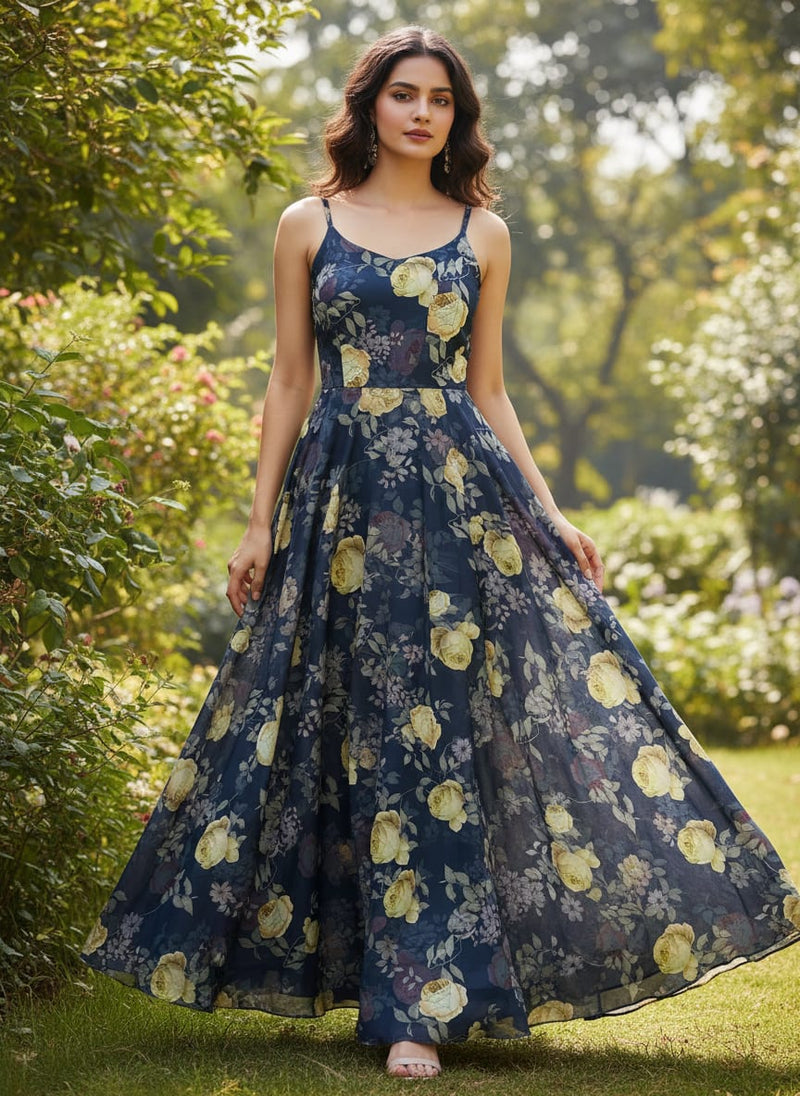 Elegant Floral Over Blue Base Digital Printed Fabric