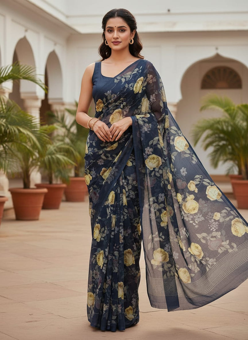 Elegant Floral Over Blue Base Digital Printed Fabric