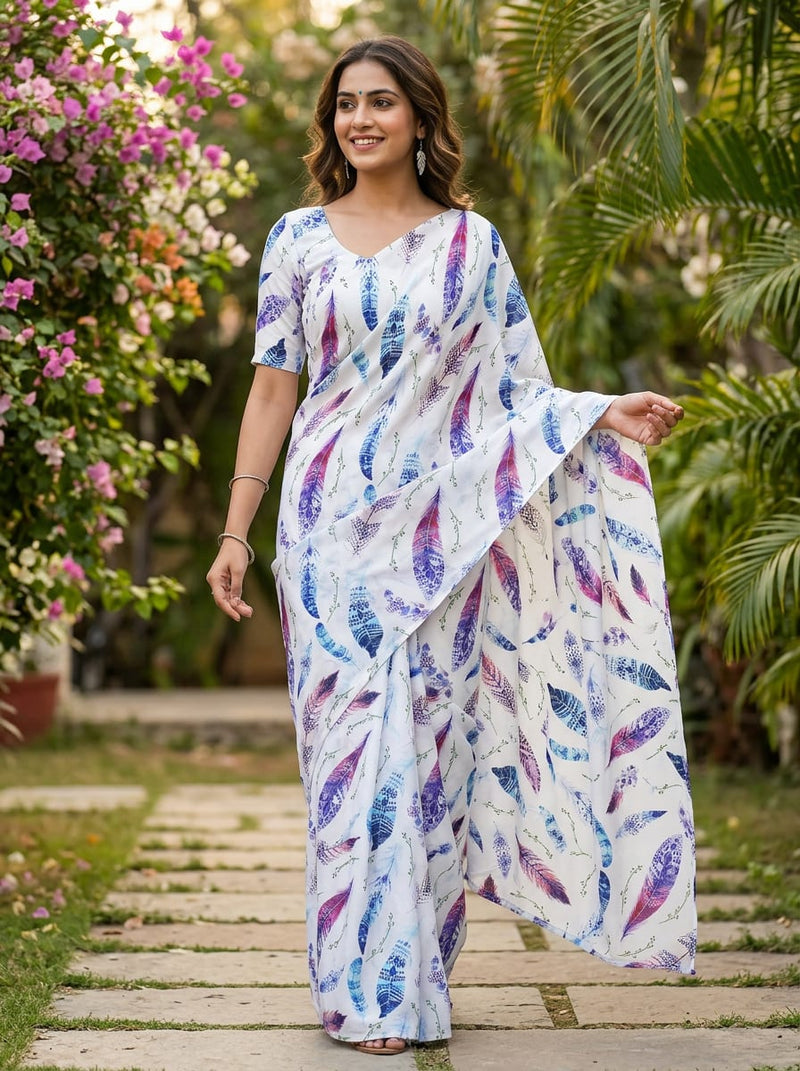 Multicolor Bohemian Feather Print Silk Crepe Digital Printed Fabric