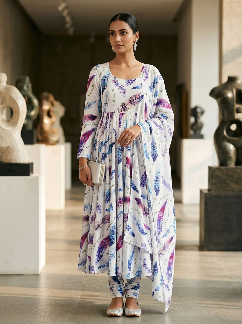 Multicolor Bohemian Feather Print Silk Crepe Digital Printed Fabric
