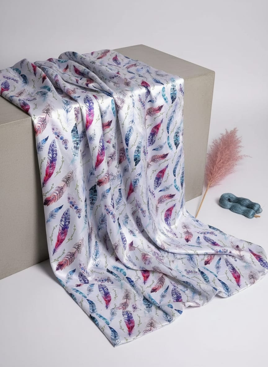 Multicolor Colorful Bohemian Feather Print Japan Satin Digital Printed Fabric