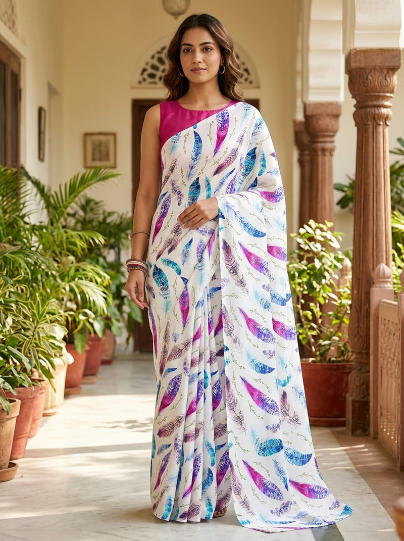 Multicolor Bohemian Feather Print Kora Silk Digital Printed Fabric