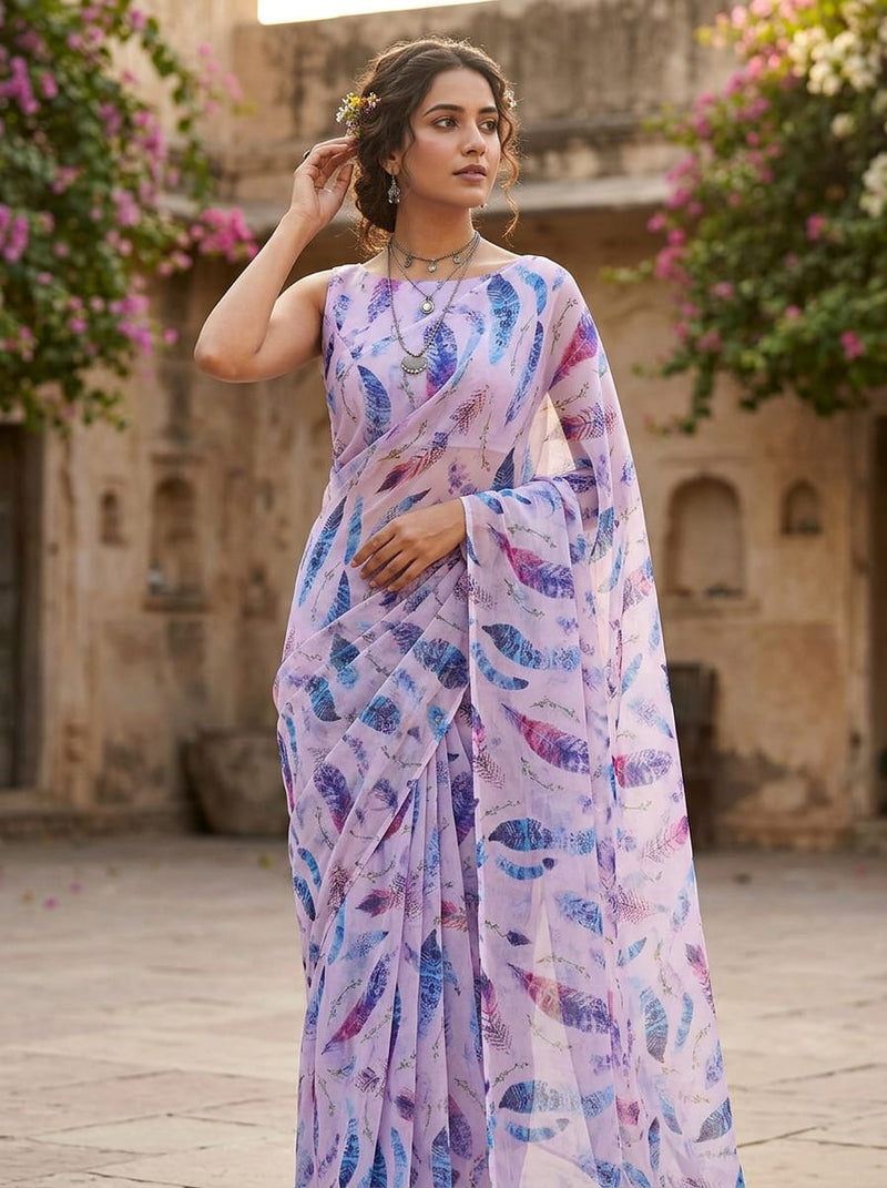 Multicolor Bohemian Feather Print Pure Chiffon Digital Printed Fabric