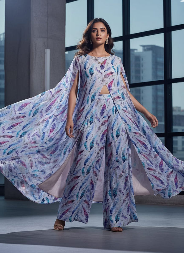 Feathers Digital Printed Fabric - Cape with Palazzo Lookbook - PC-0-TA01149-106 - alternate view
