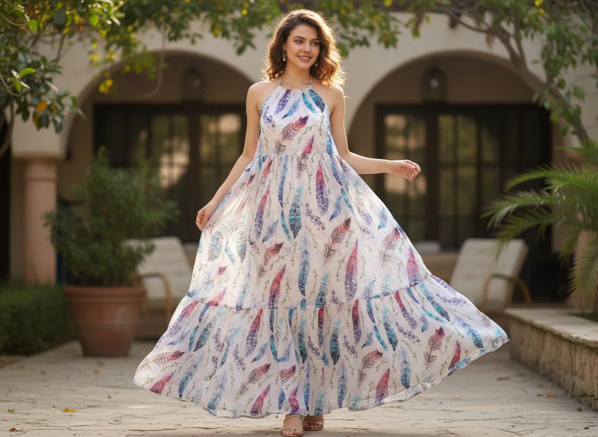 Multicolor Bohemian Feather Print Pure Georgette Digital Printed Fabric