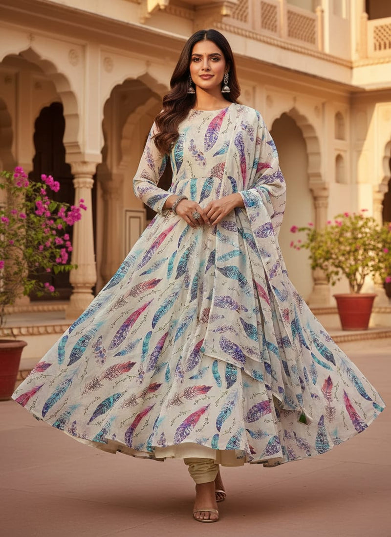 Multicolor Bohemian Feather Print Pure Georgette Digital Printed Fabric