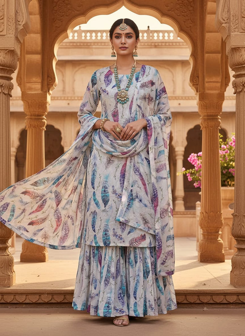 Multicolor Bohemian Feather Print Pure Georgette Digital Printed Fabric