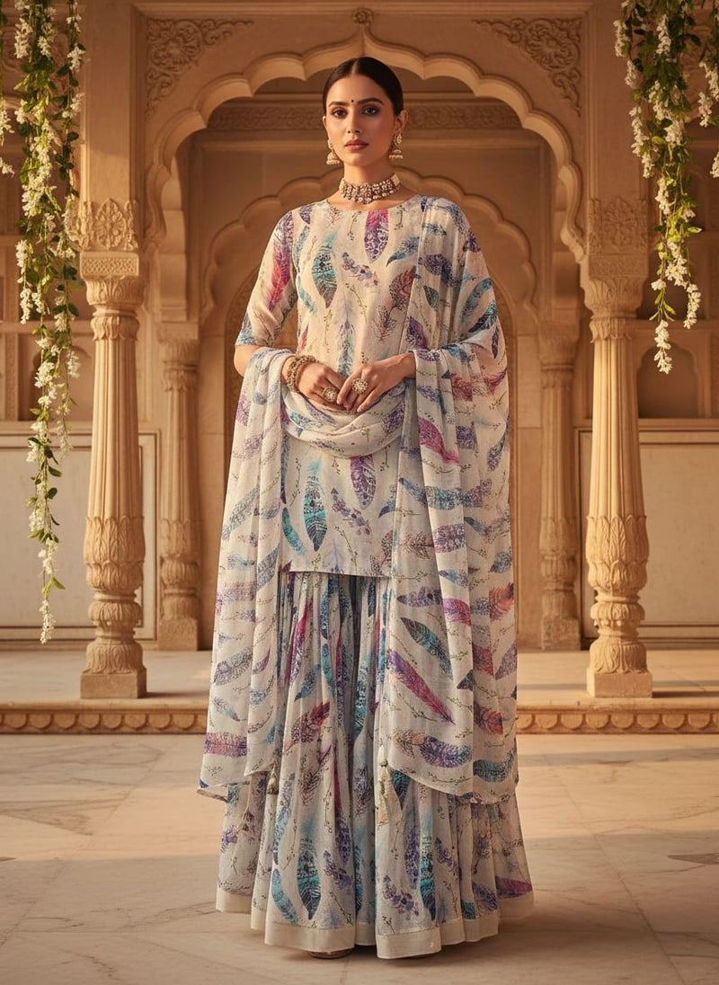 Multicolor Bohemian Feather Print Pure Georgette Digital Printed Fabric