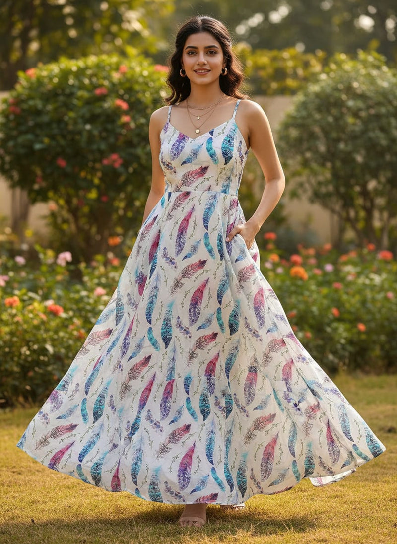 Multicolor Bohemian Feather Print Pure Georgette Digital Printed Fabric