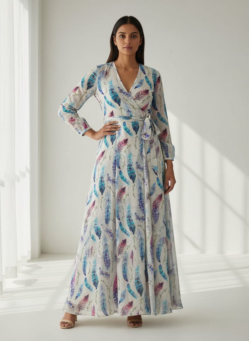 Multicolor Bohemian Feather Print Pure Georgette Digital Printed Fabric