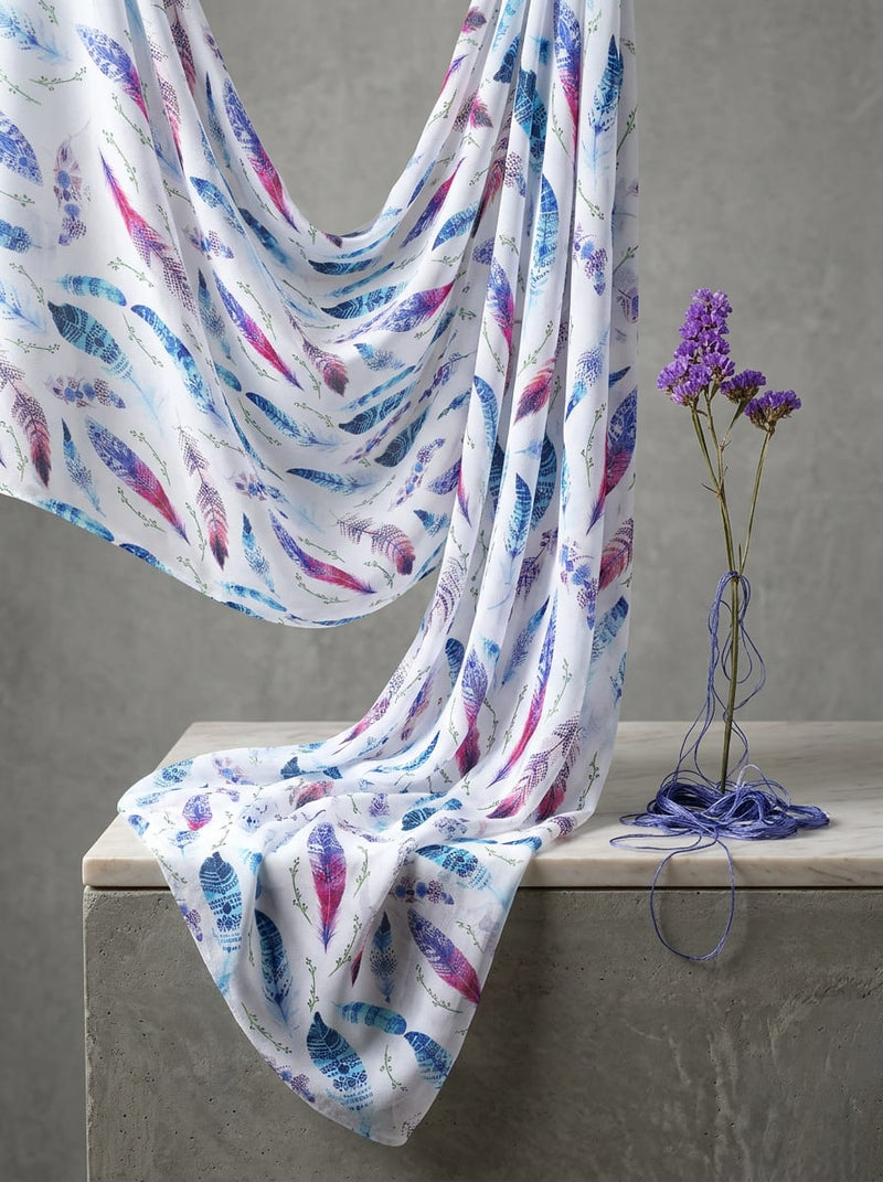 Multicolor Bohemian Ethnic Feather Print Weightless Digital Printed Fabric