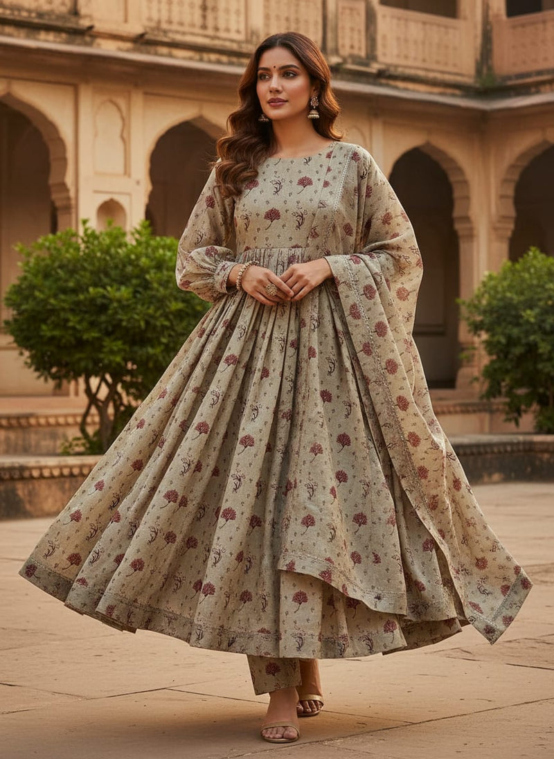 Cream Ethnic Floral Buti Print Silk Crepe Digital Printed Fabric