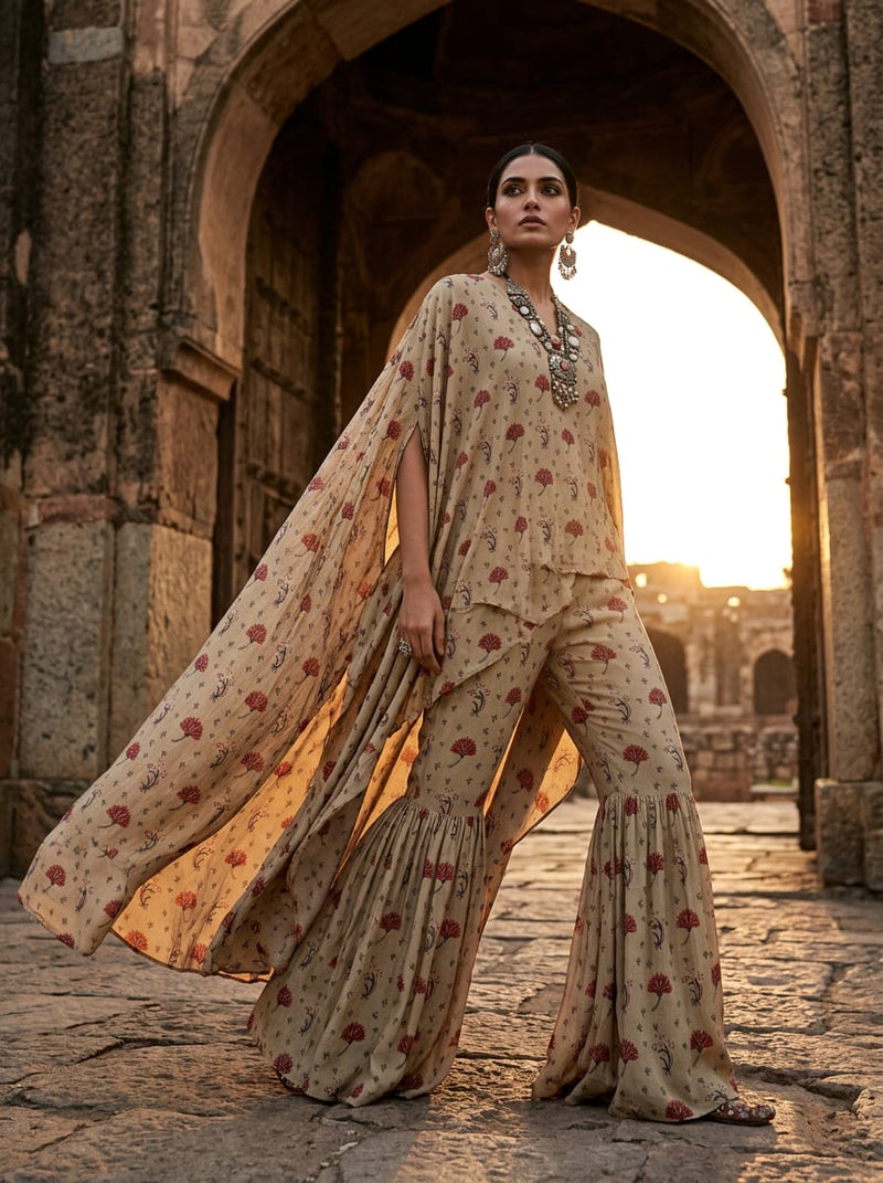 Cream Ethnic Floral Buti Print Silk Crepe Digital Printed Fabric
