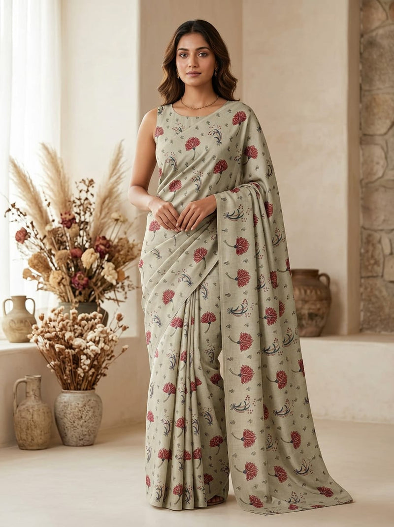 Grey Ethnic Floral Buti Print Kora Silk Digital Printed Fabric