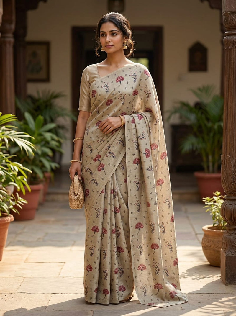 Grey Ethnic Floral Buti Tusser Silk Digital Printed Fabric