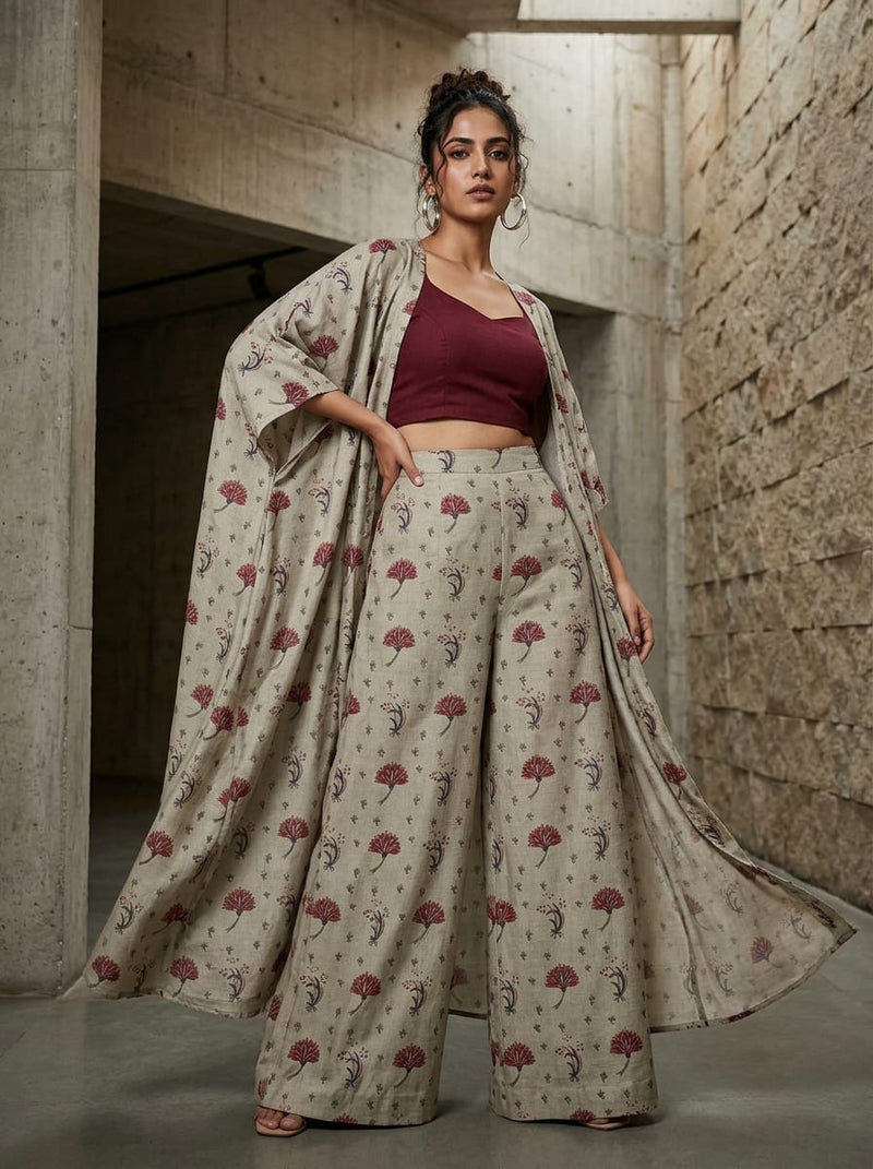 Grey Ethnic Floral Buti Tusser Silk Digital Printed Fabric