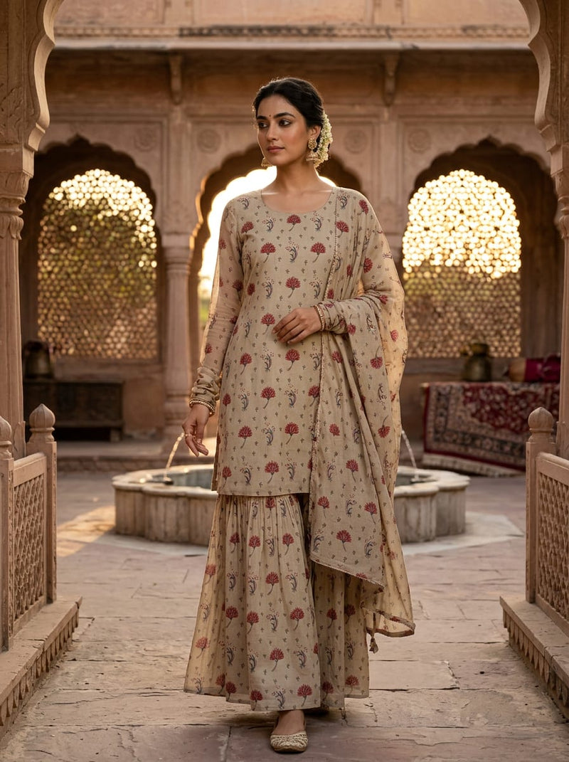 Cream Ethnic Floral Buti Weightless Digital Printed Fabric