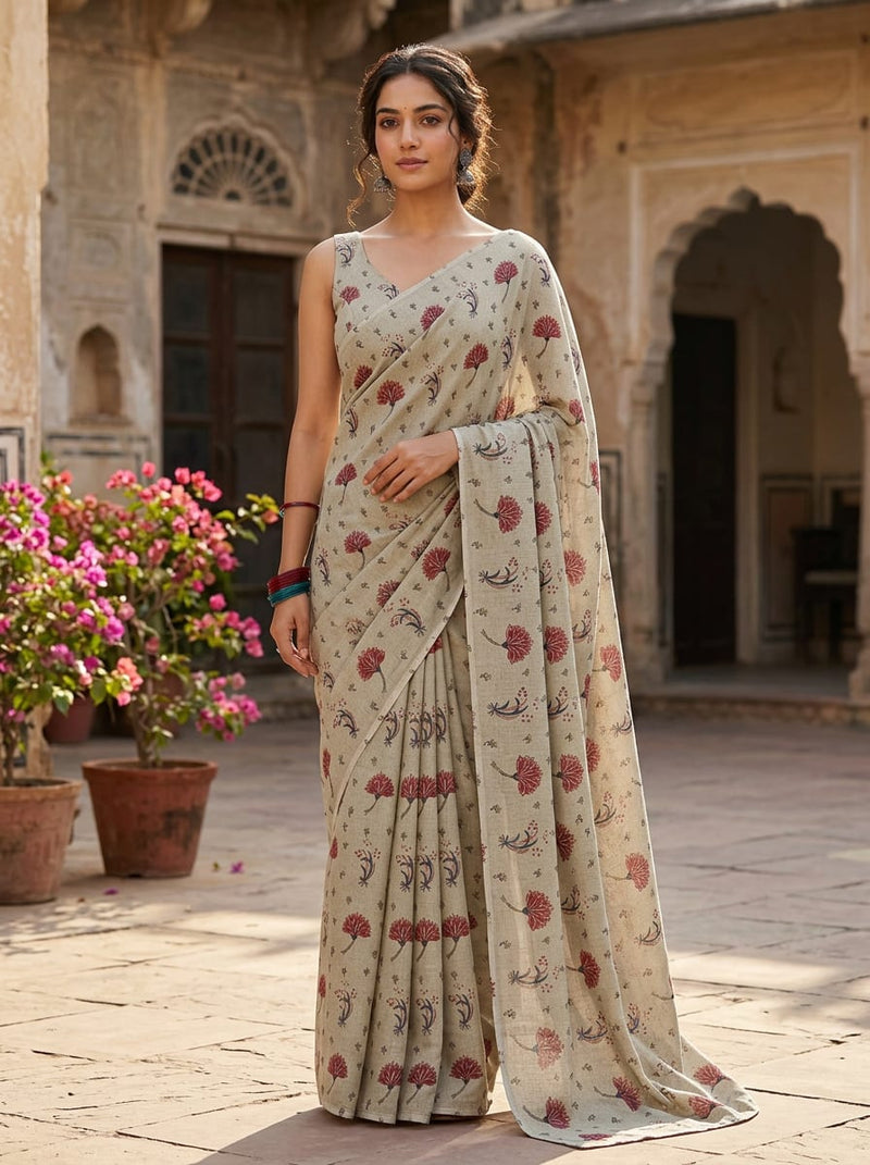 Cream Ethnic Floral Buti Weightless Digital Printed Fabric