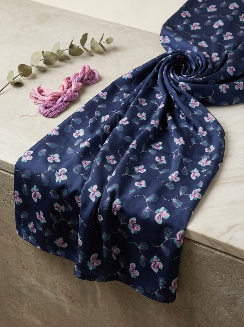 Navy Dainty Clover Floral Silk Crepe Digital Printed Fabric