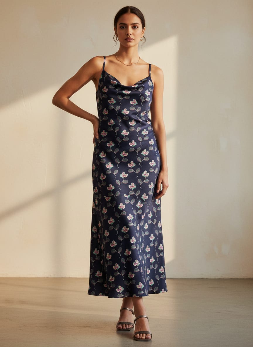 Navy Dainty Botanical Floral Jam Satin Digital Printed Fabric