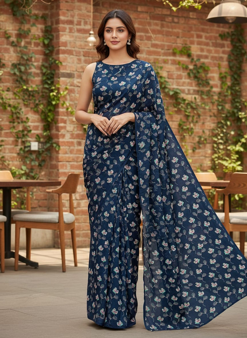 Navy Dainty Botanical Floral Jam Satin Digital Printed Fabric