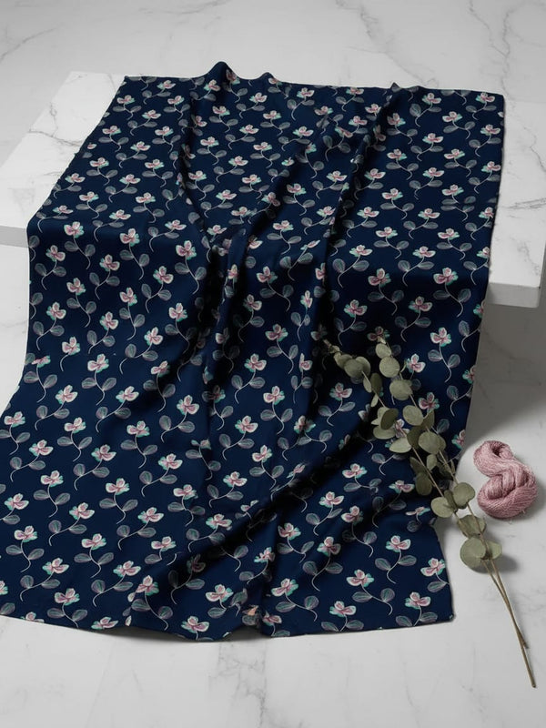 Navy Dainty Botanical Floral Jam Satin Digital Printed Fabric