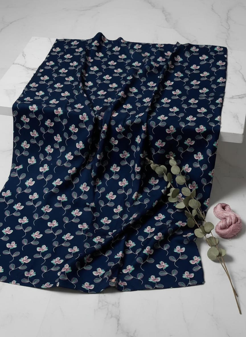 Navy Dainty Botanical Floral Jam Satin Digital Printed Fabric