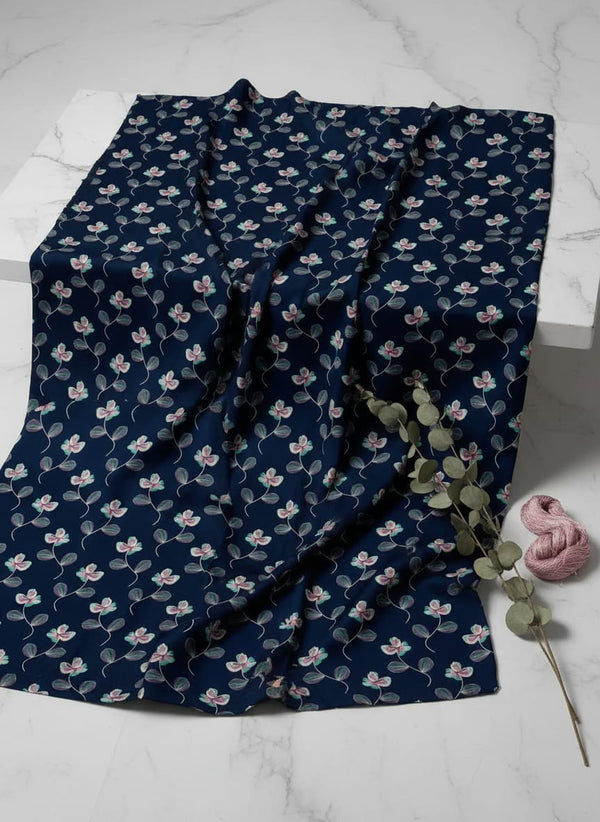 Navy Dainty Botanical Floral Jam Satin Digital Printed Fabric - Fabric Editorial Studio Flatlay Lookbook - JAM-0-TA03001-108
