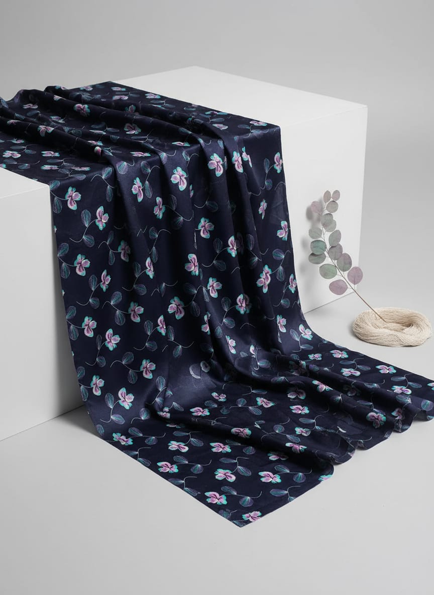 Flowers Floating over Blue Base Digital Printed Fabric