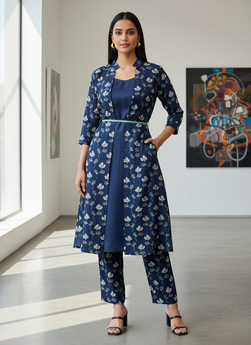Flowers Floating over Blue Base Digital Printed Fabric