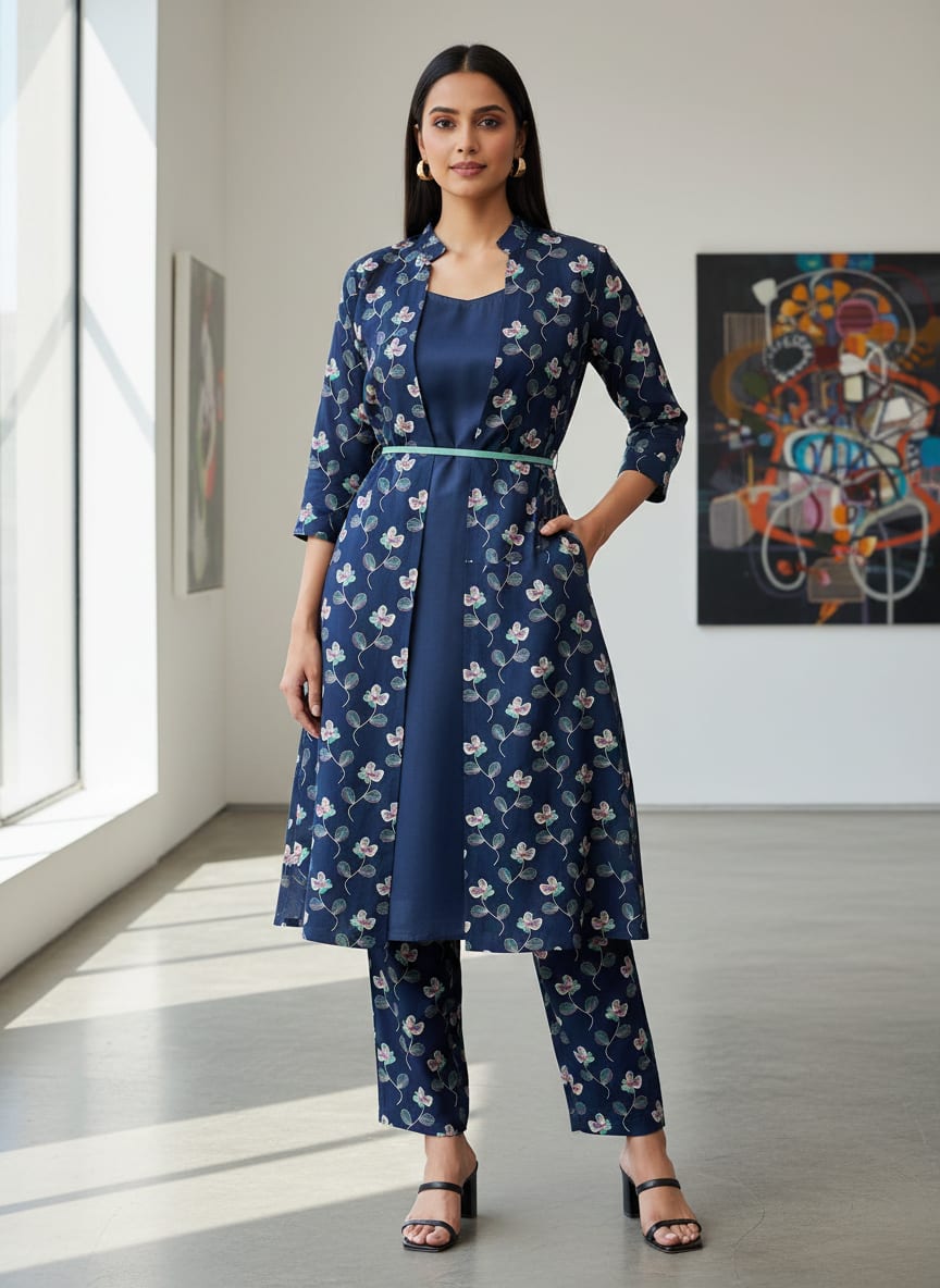 Flowers Floating over Blue Base Digital Printed Fabric