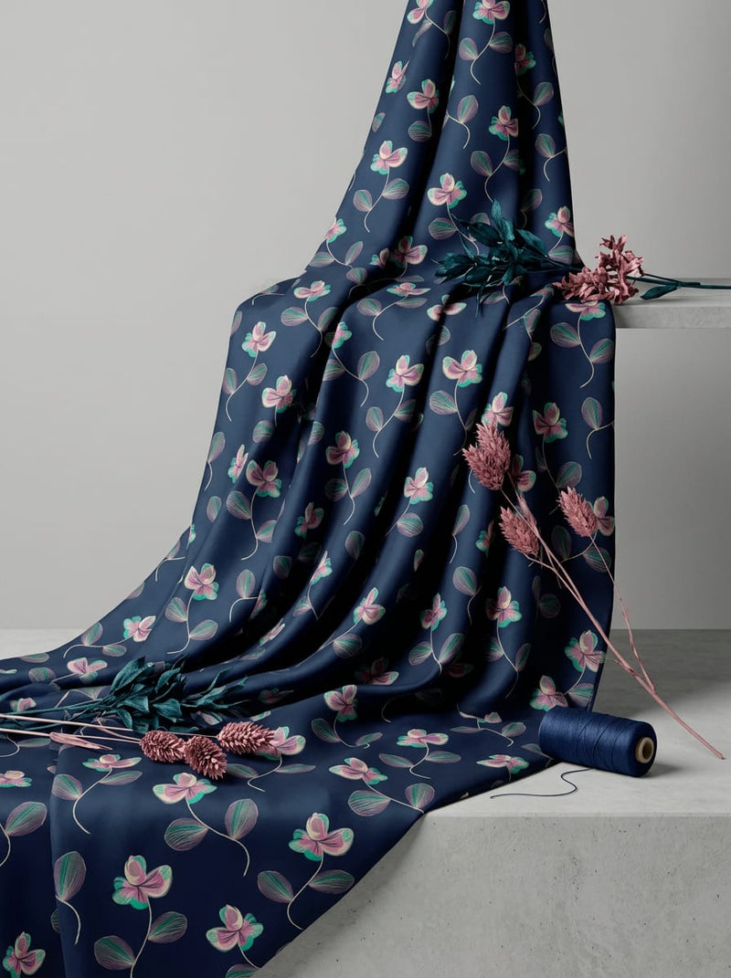 Navy Dainty Floral Stems Botanical Kora Silk Digital Printed Fabric