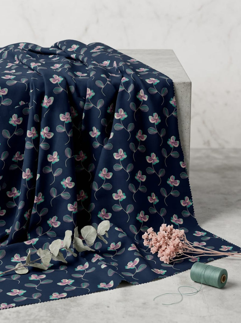 Navy and Pink Delicate Floral Vine Muslin Digital Printed Fabric