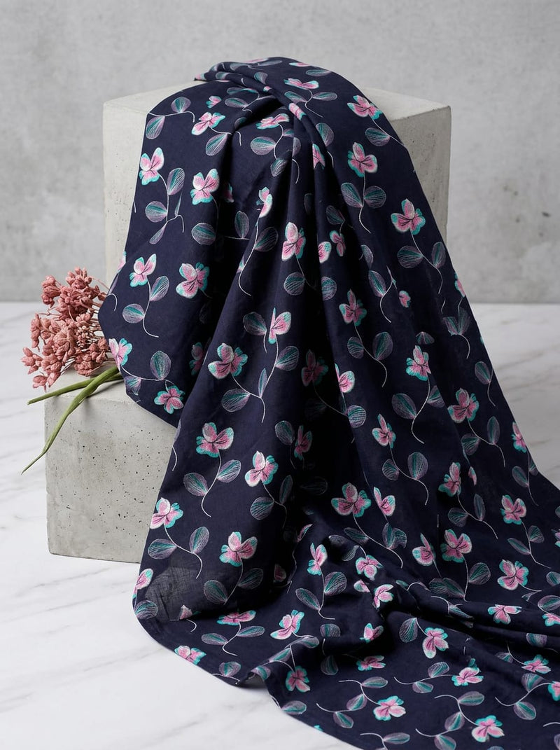 Navy Small Floral Vine Pure Cotton Digital Printed Fabric