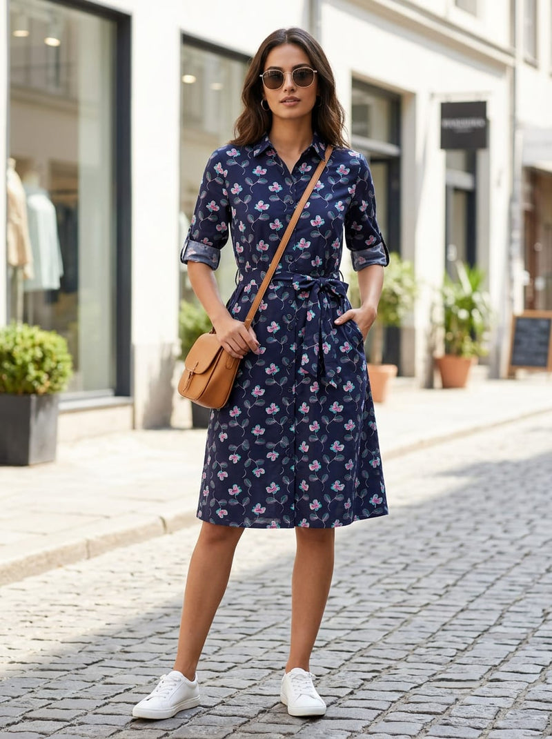 Navy Small Floral Vine Pure Cotton Digital Printed Fabric