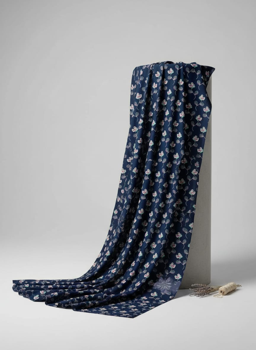 Navy Stylized Clover Floral Vine Weightless Digital Printed Fabric