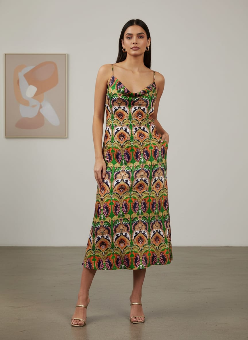 Green Aboriginal Damask Digital Printed Fabric