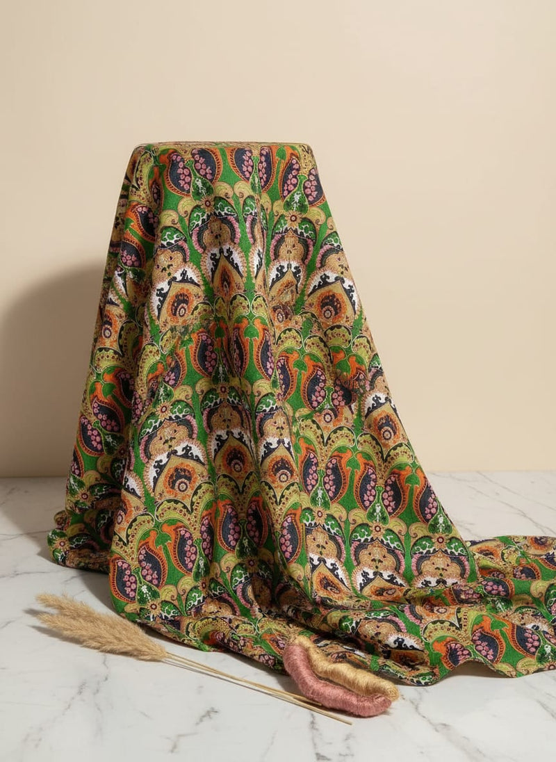 Green Aboriginal Damask Digital Printed Fabric