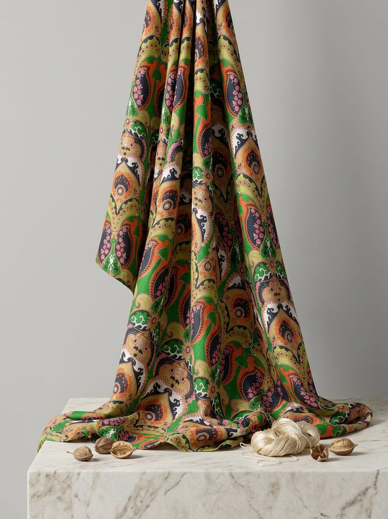 Multicolor Bohemian Ornate Paisley Kora Silk Digital Printed Fabric