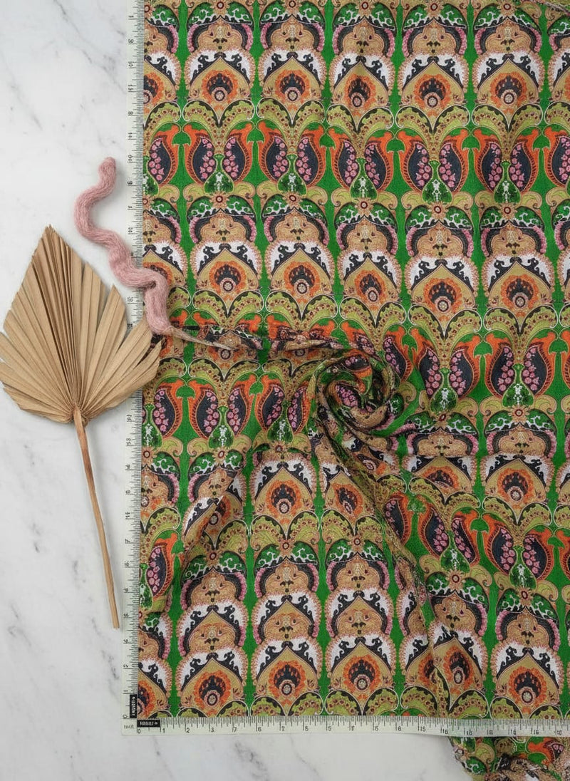 Green Aboriginal Damask Digital Printed Fabric