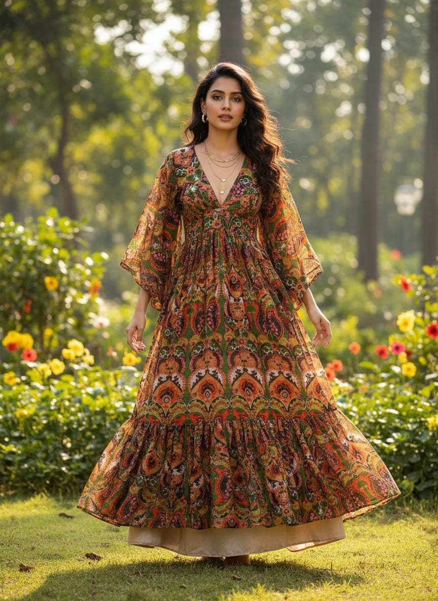 Multicolor Ornate Ethnic Paisley Pure Chinon Digital Printed Fabric
