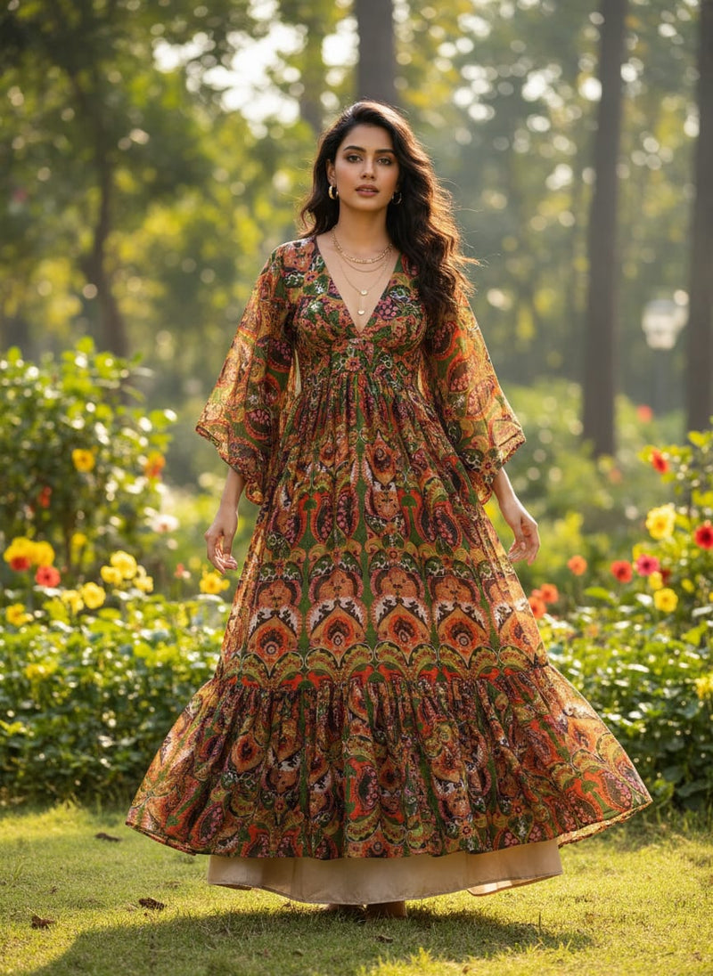 Multicolor Ornate Ethnic Paisley Pure Chinon Digital Printed Fabric