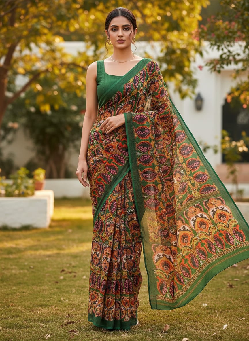 Multicolor Ornate Ethnic Paisley Pure Chinon Digital Printed Fabric