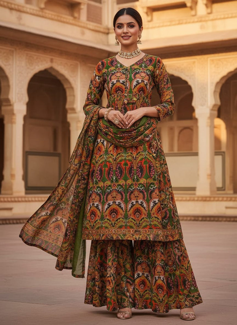 Multicolor Ornate Ethnic Paisley Pure Chinon Digital Printed Fabric