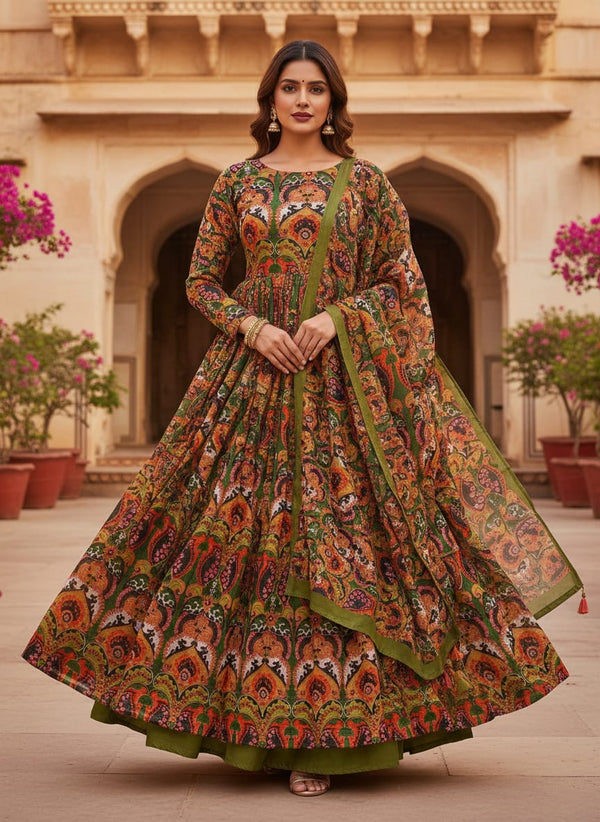 Multicolor Ornate Ethnic Paisley Pure Chinon Digital Printed Fabric - Anarkali Kurta Set Lookbook - PC-0-TA0837-106 - alternate view
