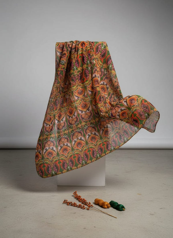 Multicolor Ornate Ethnic Paisley Pure Chinon Digital Printed Fabric - Fabric Editorial Studio Flatlay Lookbook - PC-0-TA0837-106