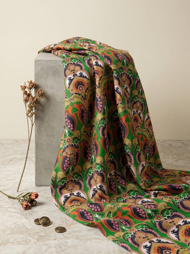 Multicolor Bohemian Ethnic Paisley Tusser Silk Digital Printed Fabric